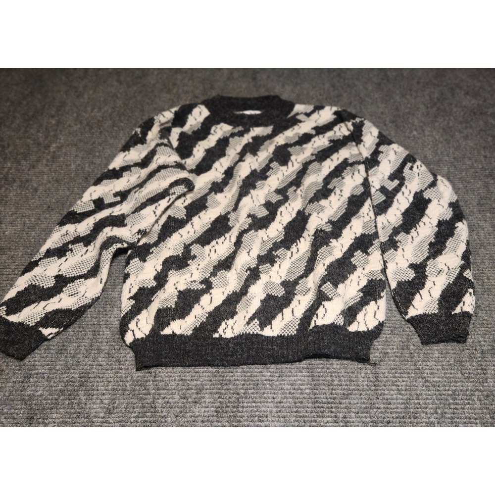 Vintage Jed Mens Large Abstract Diagonal Knit Sweater Black White Crewneck Retro